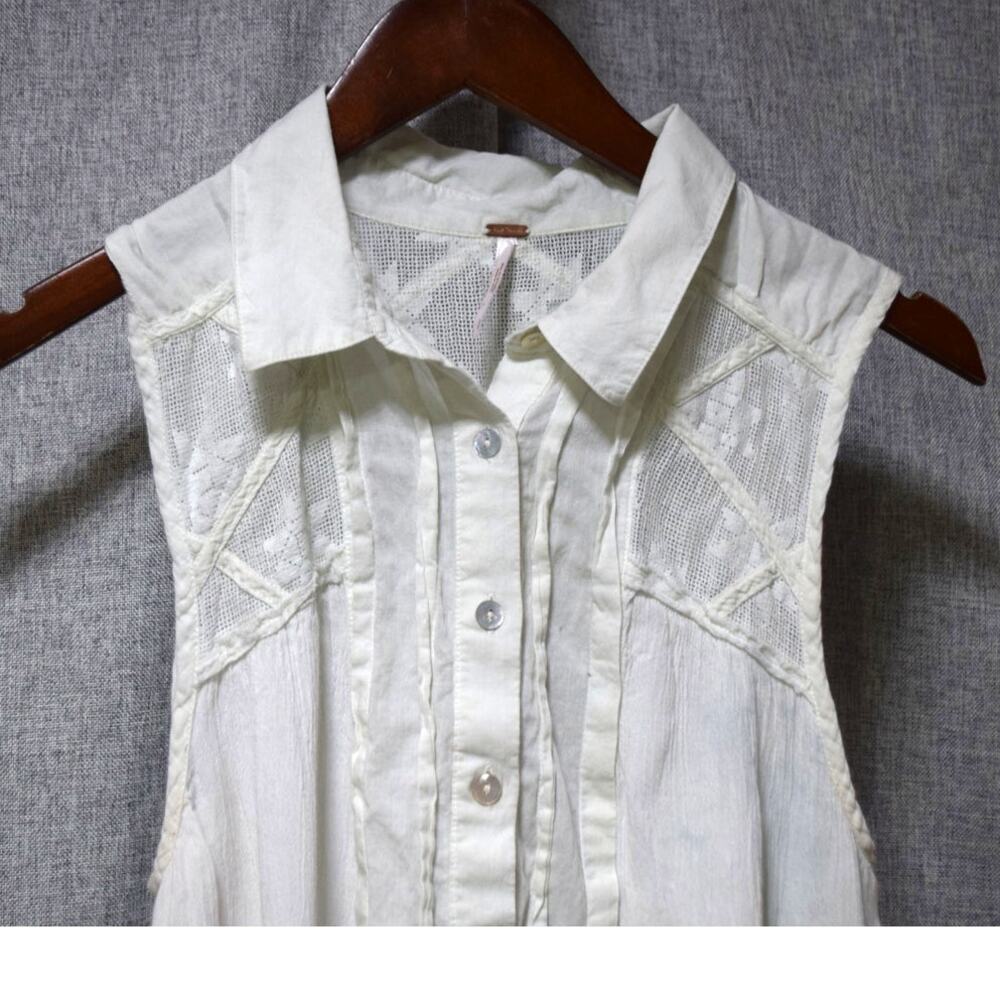 Free People Ivory Sleeveless Lace Inset Button Front Tunic Top L - Picture 2 of 4